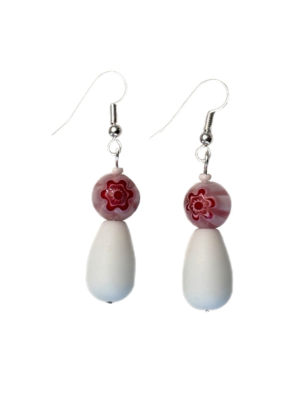 Handmade Red & White Millefiori Glass Flower Earrings